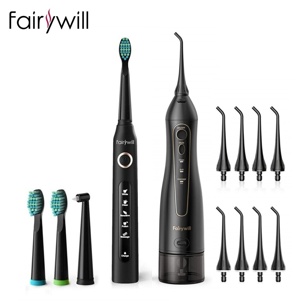 Fairywill Electric Water Flosser & Sonic Toothbrush USB Charge 5 Modes 3 Brush Heads Waterproof Toothbrushes Teeth Cleaner: 5020E-B-507Black