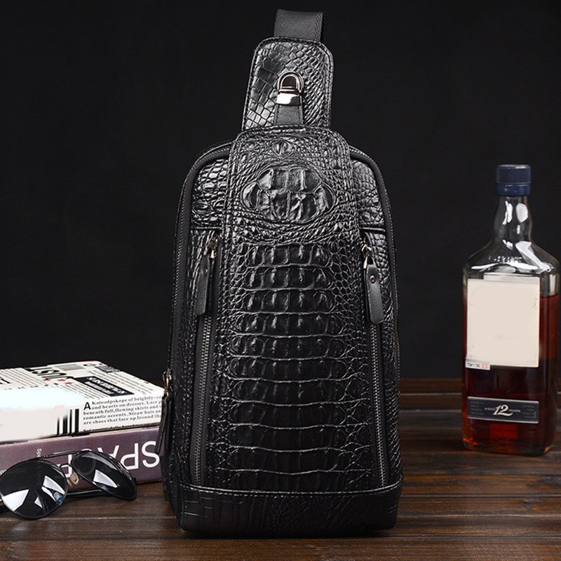 Bolso de pecho con patrón de cocodrilo de cuero para hombre, bandolera con correa ajustable, orificio para auriculares, d88: Negro