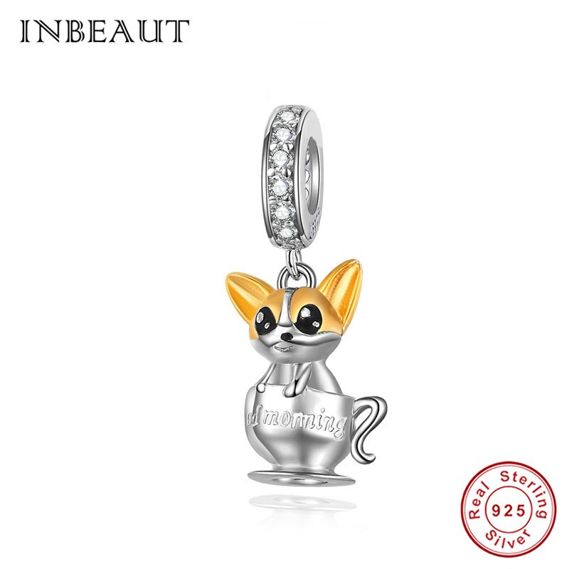 INBEAUT 100% 925 Sterling Silver Cute Heart Naughty Cat Dog Deer Charms fit Brand Bracelet Moon Pet Beads for Jewelry Making: sc1214-3