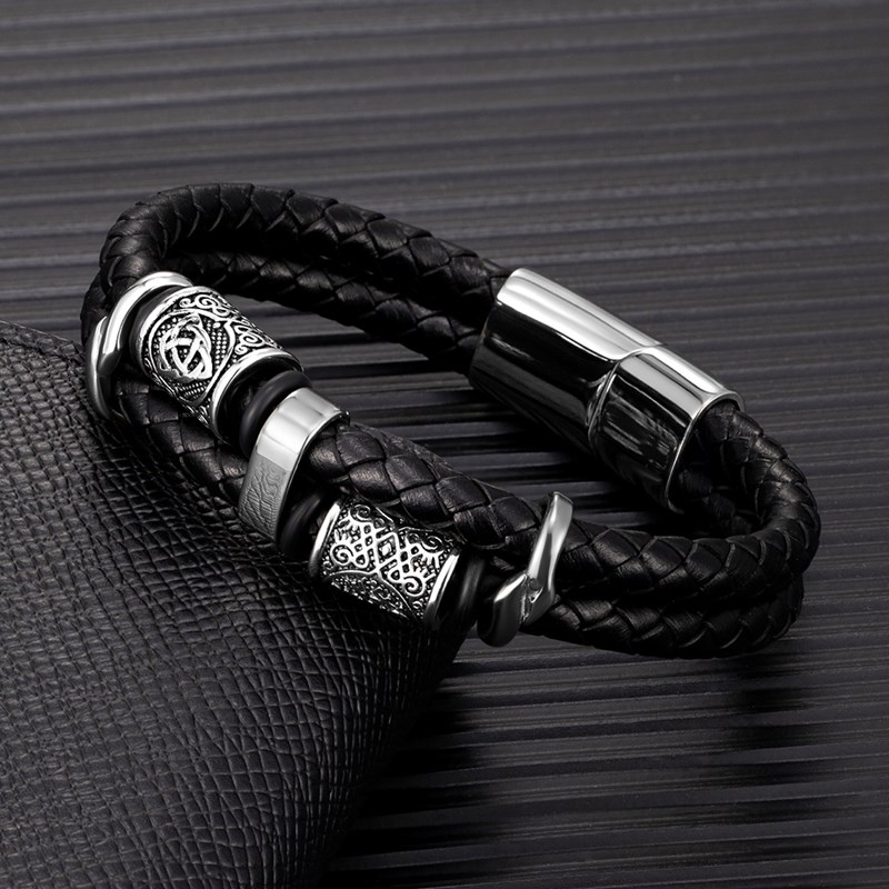 Mkendn punk vikingstil rustfritt stål kompass norrøne runer amulettperler flettet flerlags lærarmbånd mann pulsera