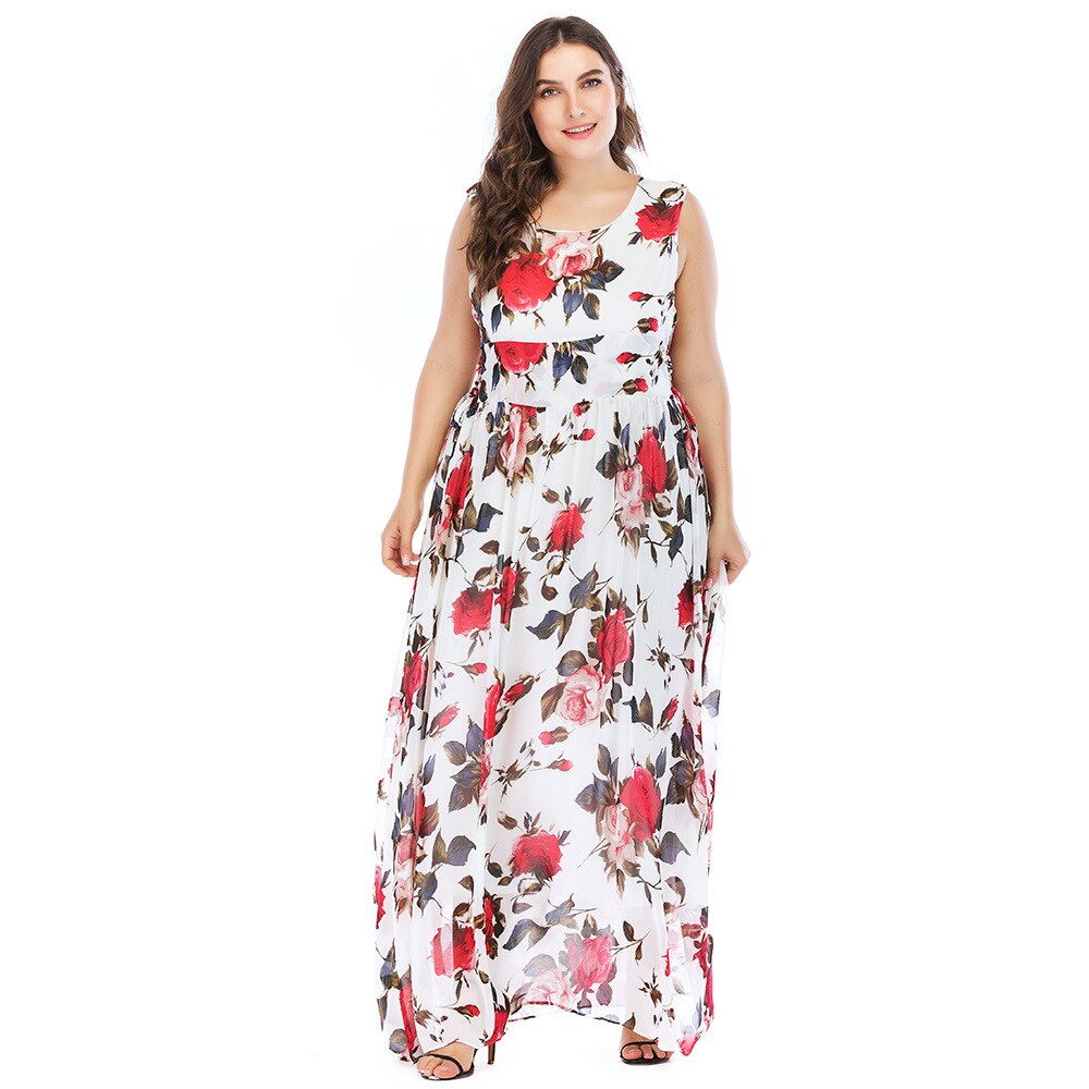 Tuhao efterårs maxi lange kjoler plus størrelse 5xl 4xl kjole kvinder ærmeløse kjoler med blomsterprint boheme strandkjole  cm81: 4xl