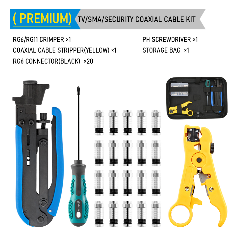 RG6 RG59 RG7 RG11 Wire Stripper Crimper Tool Kit Coaxial Cable Crimping Pliers Set With F BNC Compression Connectors: Yellow
