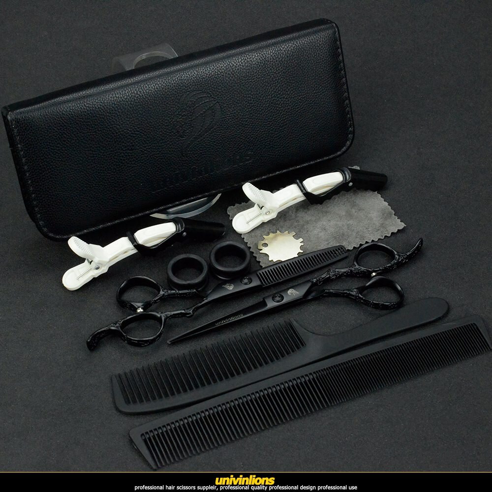 6 " zwarte gegraveerde schaar kappersbenodigdheden haarschaar kappersschaar scheermes salon de coiffure: Set leren hoesje