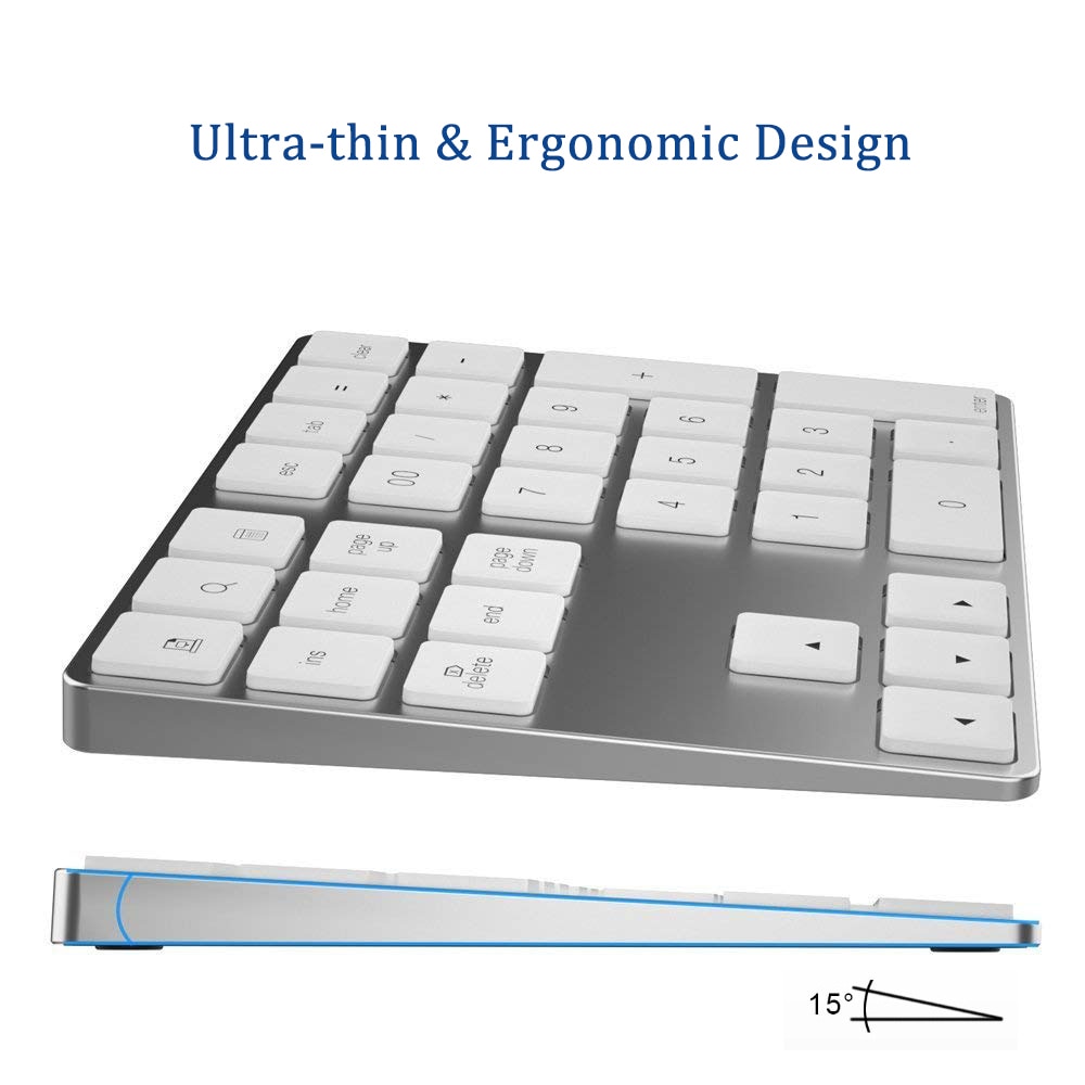 AVATTO Ultra-Slim Aluminum 34 Keys Bluetooth Wireless Numeric Keypad Number Keyboard with Scissor-Switch for PC Surface Tablet