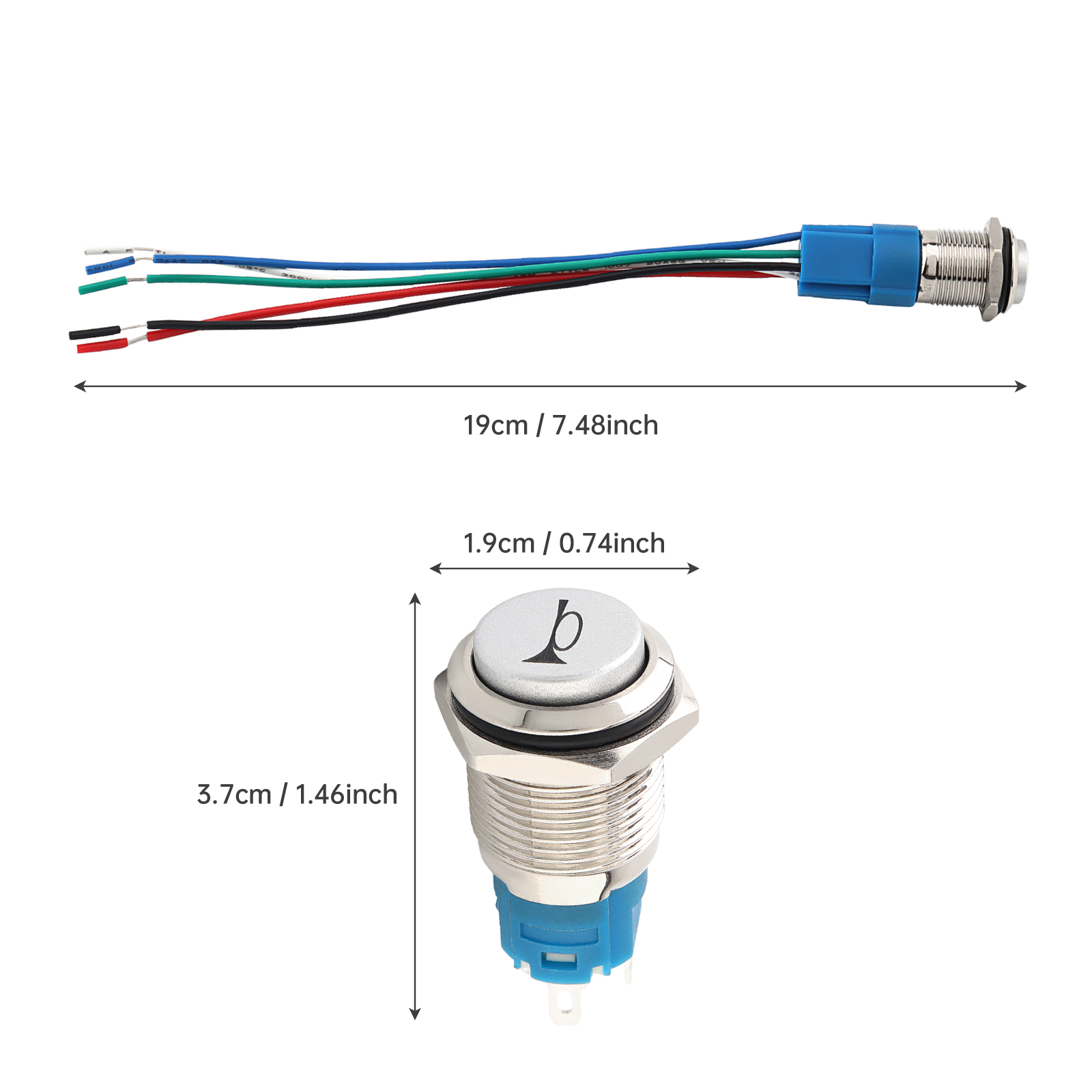 Interruptor de botón momentáneo con luz LED azul de 16mm y 12V para automóvil con arnés de enchufe trasero, interruptor de botón de bocina de altavoz de 5 pines