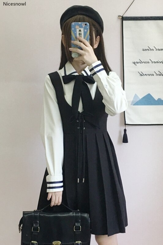 Uniforme de colegio japonés JK para mujer, camisa de manga larga, vestido de tirantes plisada, traje de dos piezas