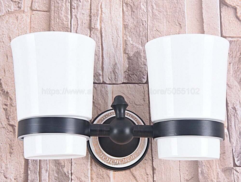 Black Oil Rubbed Bronze Bathroom Accessory Wall Mounted Toothbrush Holder with Two Ceramic Cups zba710
