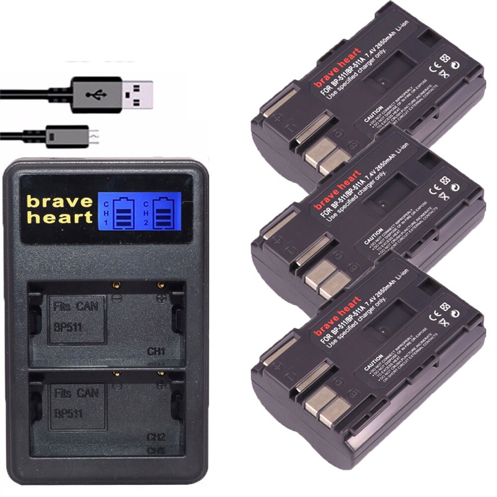 4 pièces 7.4v 2650mah BP-511A BP-511 BP 511 511A BP511 BP511A batterie pour Canon EOS 40D 300D 5D 20D 30D 50D caméra: charger and 3battery
