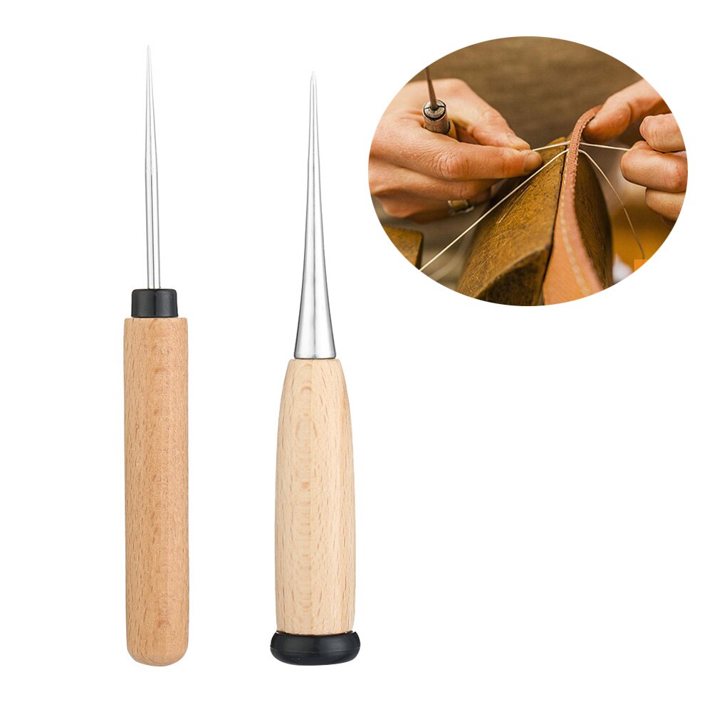 1PC Plastic Wooden Handle Stainless Steel Awl Tool Leather Craft Hole Maker Punching Stitch Needle Taper Sewing Stitching Tools