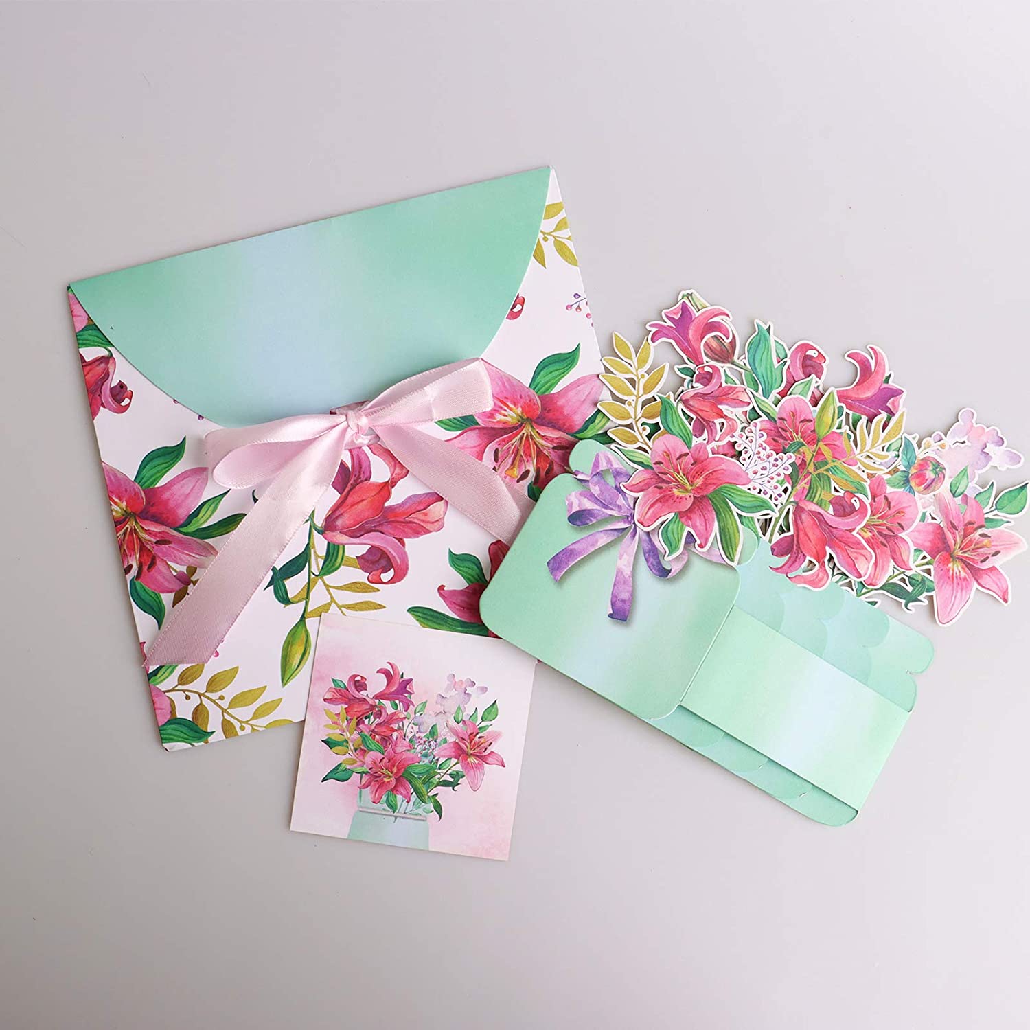 Lirio florero 3D, tarjeta emergente, tarjetas de felicitación de lirio rosa, tarjeta de agradecimiento, obtener buena tarjeta, flores 3D, tarjeta de flores Pop-Up