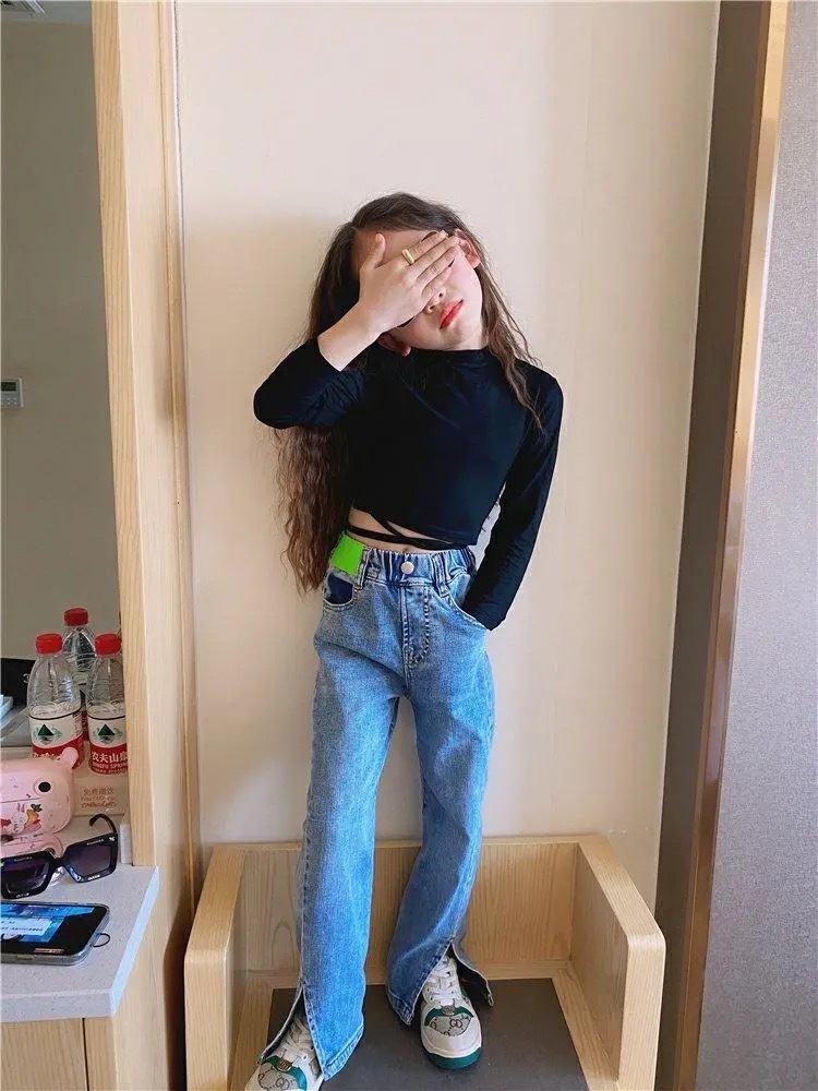 Girls Split Jeans Autumn High-waisted Straight-up Denim Pants Teen Girls Jeans