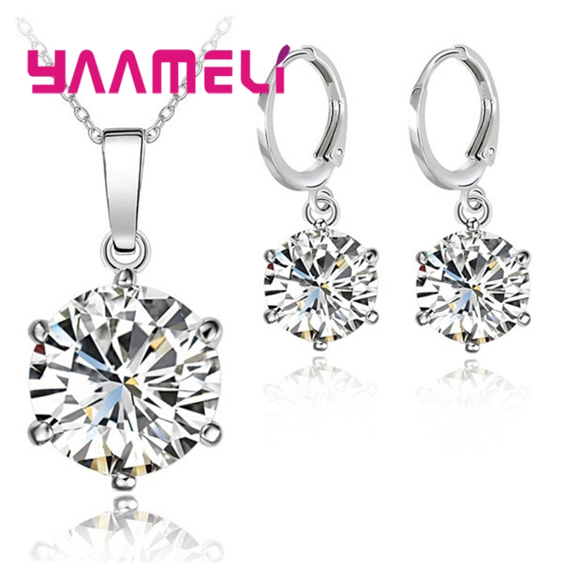 Trendy 925 Sterling Silver Color Jewelry Sets Simple 6 Claws Round Zircon Pendant Necklace Hoop Earrings Set Wedding Bridal