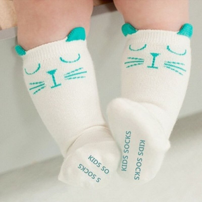 Katoenen Baby Sokken Dier Gedrukt Knie Hoge Kids Jongen Meisje Sokken Anti Slip Cartoon Kat Beenwarmers 0-3Y