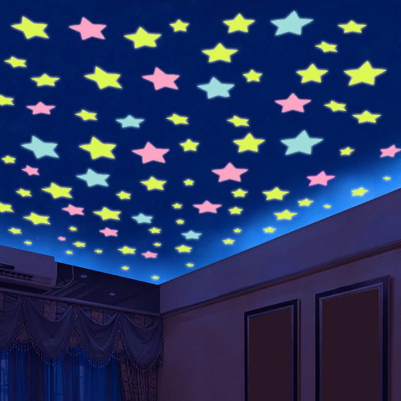 50pcs 3D Stars Luminous Fluorescent Wall Stickers Glow In The Dark Stars And Moon Plastic Stickers Ceilings & Wall Bedroom Decor