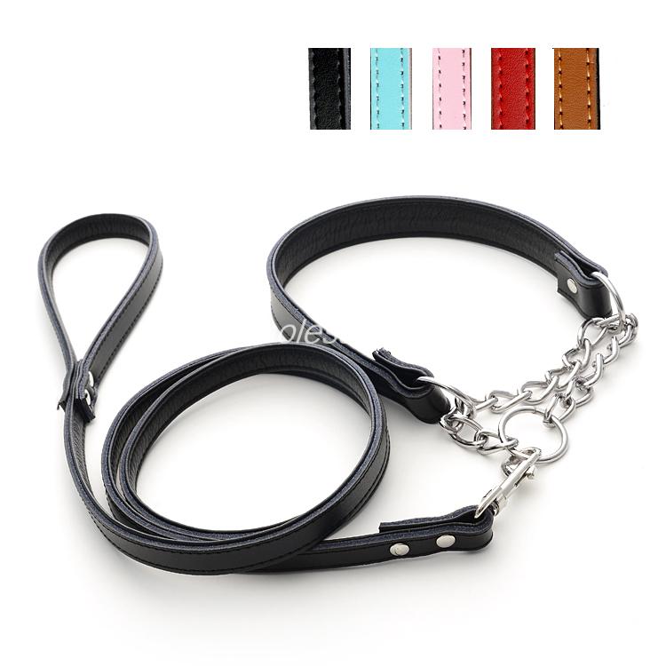 Lederen Hond Wandelen Leash & Half Chain Choke Pet Training Kraag Set