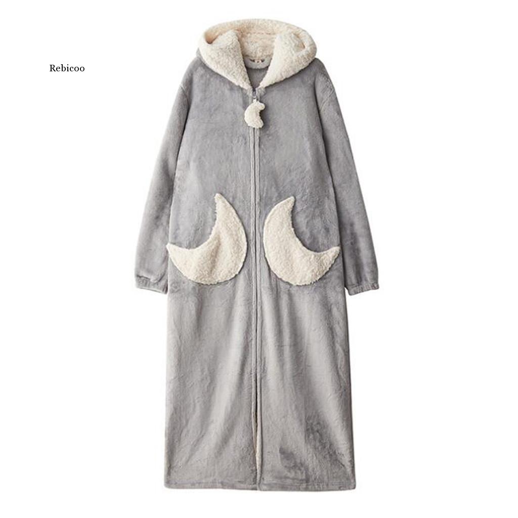 Peignoir en molleton pour femme, vêtement d'hiver, avec capuche épissée, fermeture éclair et poches