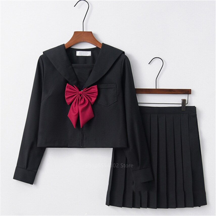 Japanese School Uniform Kansai Bad Black Suit for Students JK Kawaii Sailor Collar Bow High School Top Long Pleated Skirt Set