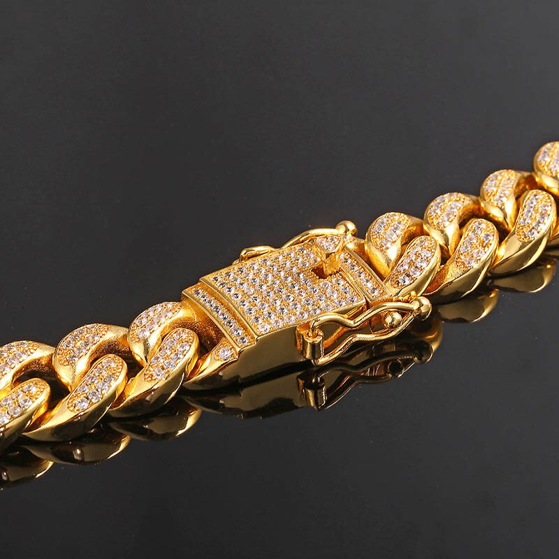 Coola kvinnor herr trottoar cubansk länk armband koppar lab bling iced out hel cz spänne guldkedja silverpläterade armband