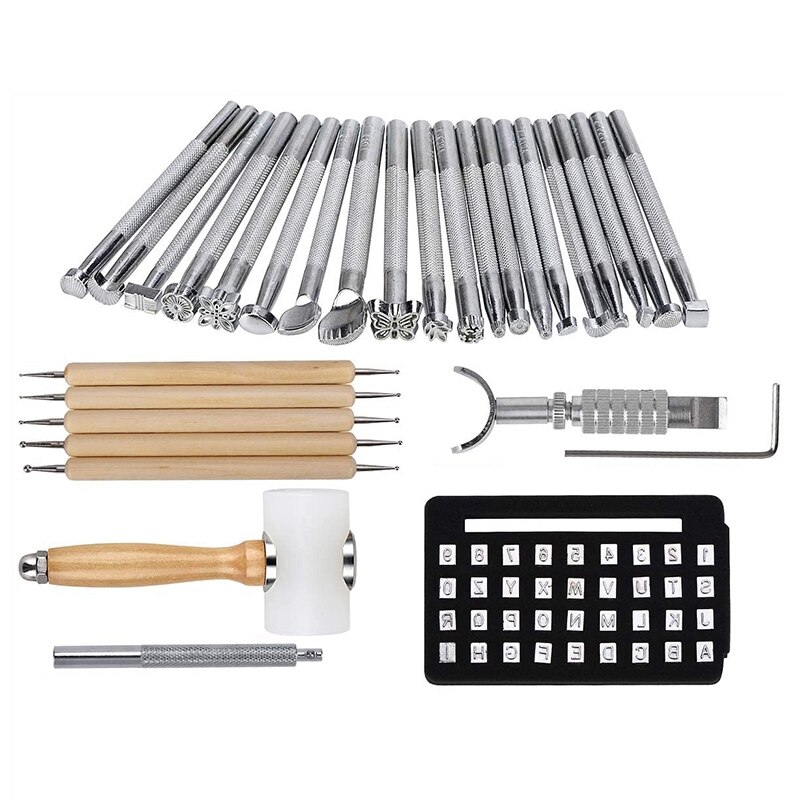 28PCS Leather Embossing Tools Manual Craft Carving Kit Stamps Set DIY Punch Wooden Hammer Embossing Beveler Tools Kit
