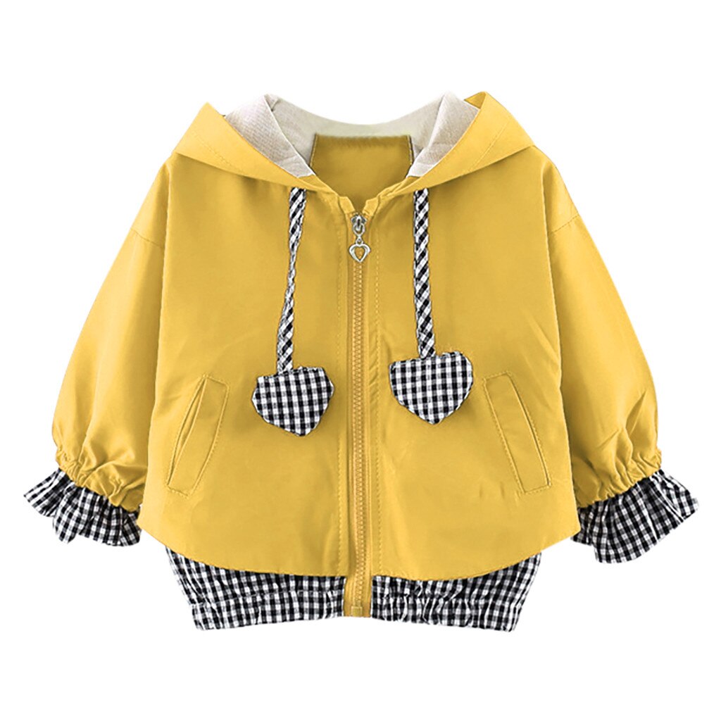 Baby Meisjes Liefde Print Jas Voor Peuter Baby Kids Meisjes Hart Plaid Hooded Winddicht Jas Uitloper Casual Kleding Veste Enfant: Yellow / 18m