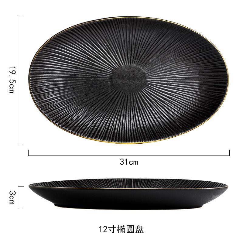 Western Food Plate Steak Tray Set Home Ceramic Dinner Plate Black Cutlery Kitchenware Restaurant Decorative Bowl European Style: 31x19.5x3cm