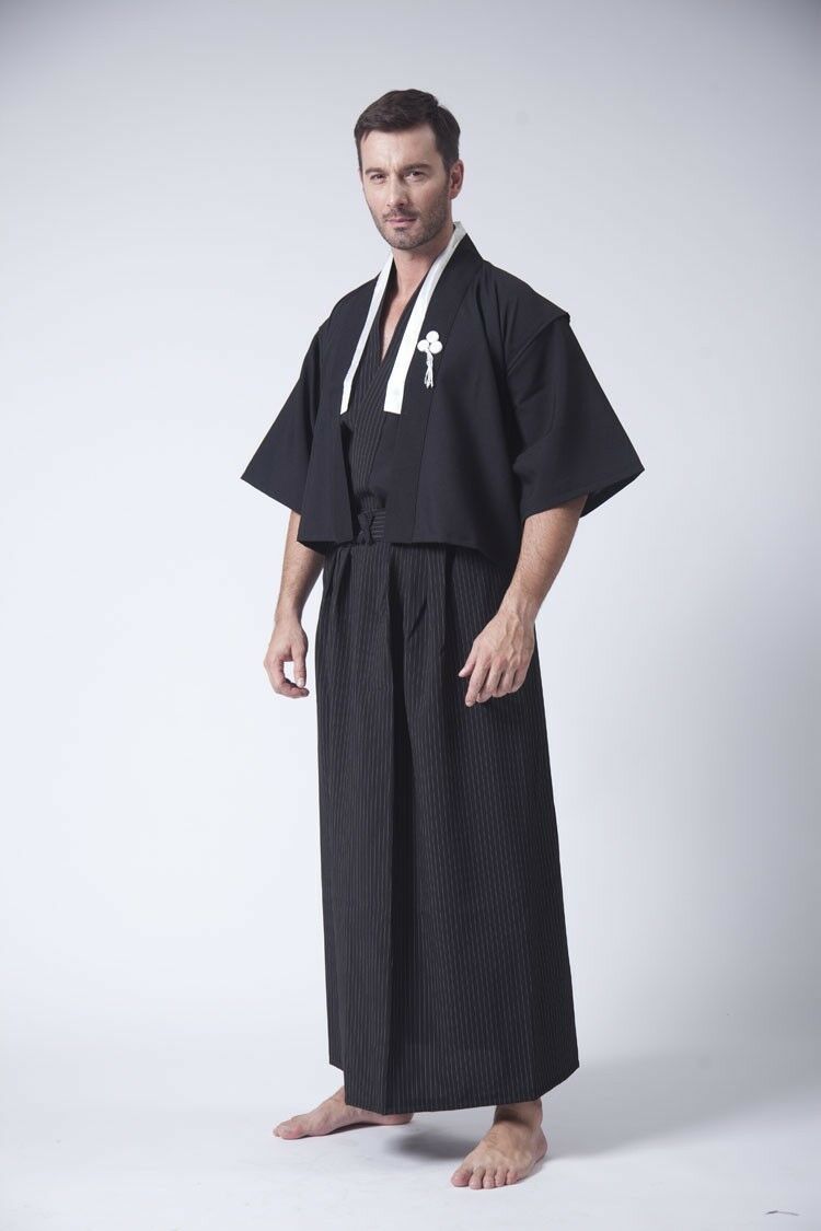 Japanese Kimono Robe Suit Men Yukata Samurai Clothing Karate Costume Black White