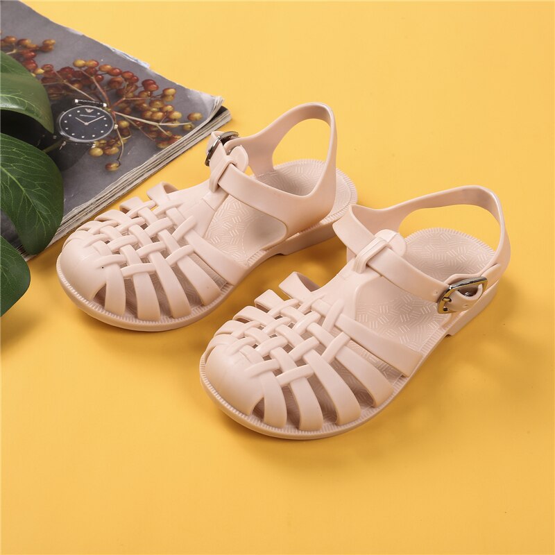 Sandales plates d'été pour enfants, chaussures de marche ajourées, couleur unie, pour filles et garçons