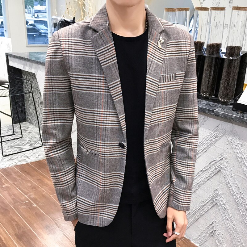 Heren herfst slank pak blazer geruite print eenvoudig temperament britse stijl zakelijk casual jurk jas jas