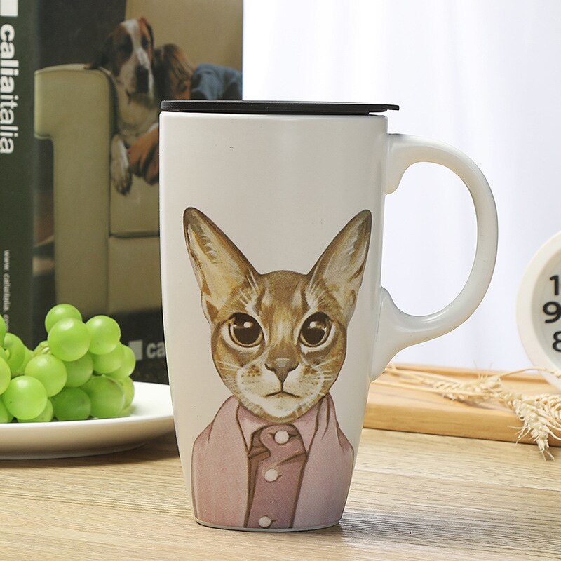 Taza para agua de cerámica con tapa para gatos, taza para café o leche de gran capacidad, creativa, clásica, a la , 500ml: gentry cat-500ml