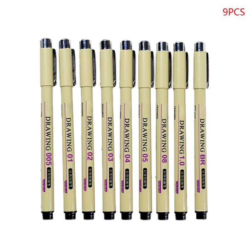6/7/8/9pcs Black Technical Graphic Fine Hook Line Painting Drawing Pen Sketch: 9 pens