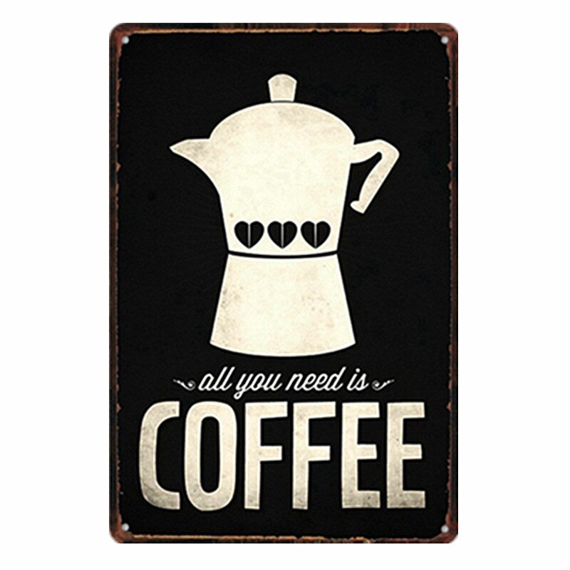 Holde roen drikke kaffe kafé butikk kjøkkeninnredning vintage blikkskilt shabby kunst hengende jernmalerier metallplaketter plateplakater