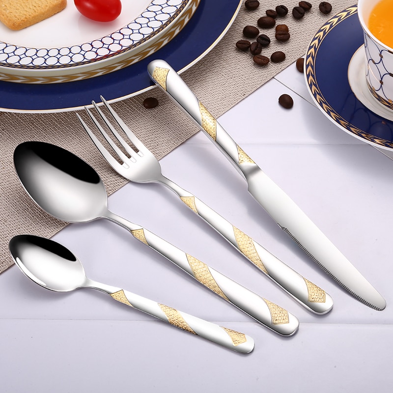 24 stk guld tallerken spisestel sæt 18/10 rustfrit stål bestik sæt sølvtøj bordservice middag kniv gaffel ske tåler opvaskemaskine