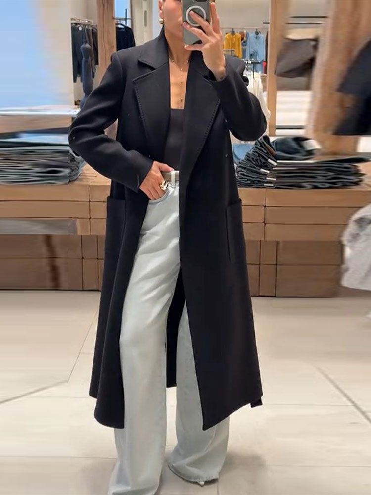 Elegante dames zwarte lange jas met riem Stijlvolle revers Veterschoenen Trenchcoat Herfst Winter Wolmix Bovenkleding Mode-outfit