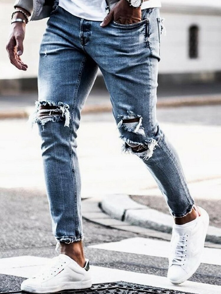Men Skinny Ripped Jeans Hole Pencil cowboy Pants Hip Hop Streetwear Biker Denim Trousers