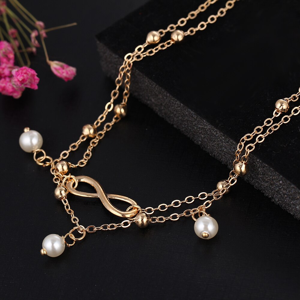 Cmoonry Mode Dubbele Oneindige Gesimuleerde Parel Hanger Enkelband Voet Ketting Zomer Armband Charm 2 Kleur Enkelbanden Voet Sieraden