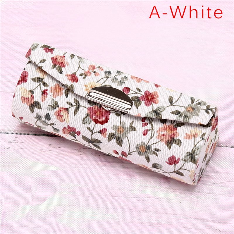 Blomsterudskrivning læbestift æske enkelt læbestift opbevaring taske kosmetiske tasker med spejl kvinder makeup opbevaring boks: A-hvid