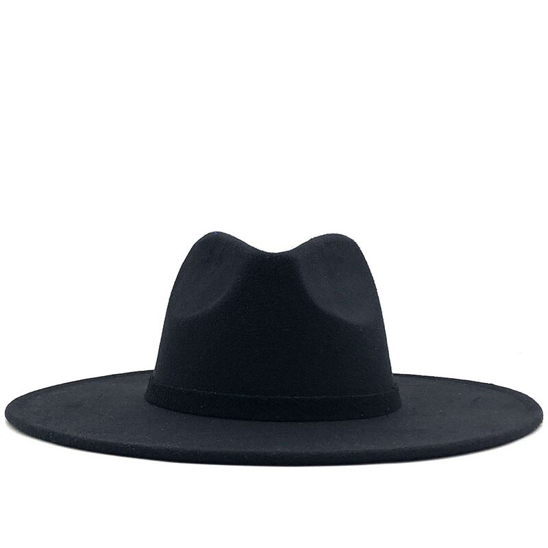 Bred randen fedora hat til kvinder ensfarvet uldfilt hat til mænd efterår vinter panama gamble grå jazz cap: Sort