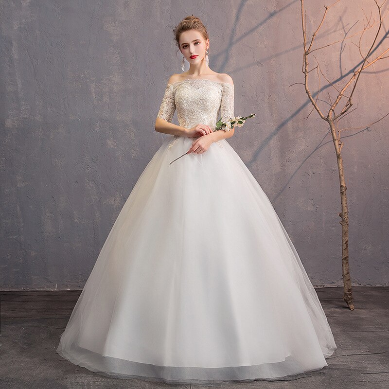 Elegante Weiße Hochzeit Kleider Ballkleid Weg Von Der Schulter Kurzarm Spitze Stickerei Illusion Braut Kleider Kleid De Mariee