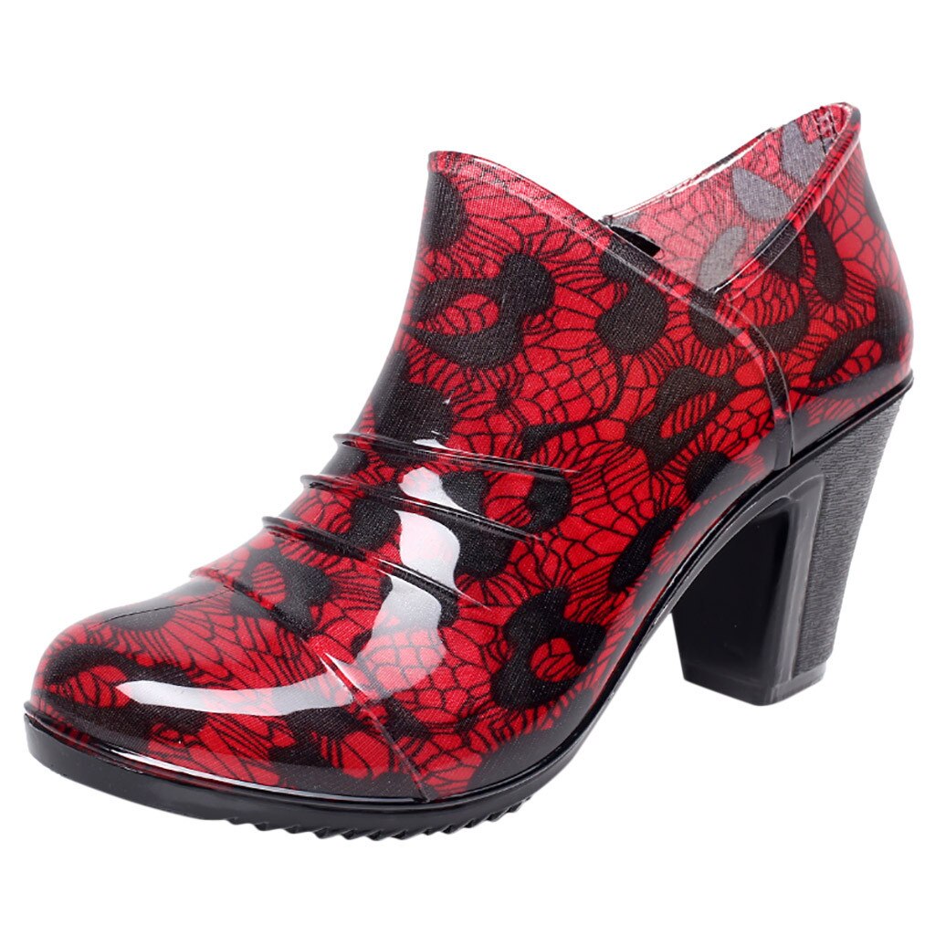 Aleafalling – bottes de pluie imperméables à la cheville pour femmes, escarpins à talon épais, Tube court, chaussures d'eau, directe, 30: Red  / 40