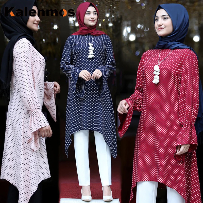 KALENMOS caftan musulman Abaya robe femmes été imprimé points Hijab longue Blouse hauts manches évasées asymétrique ourlet robes islamiques