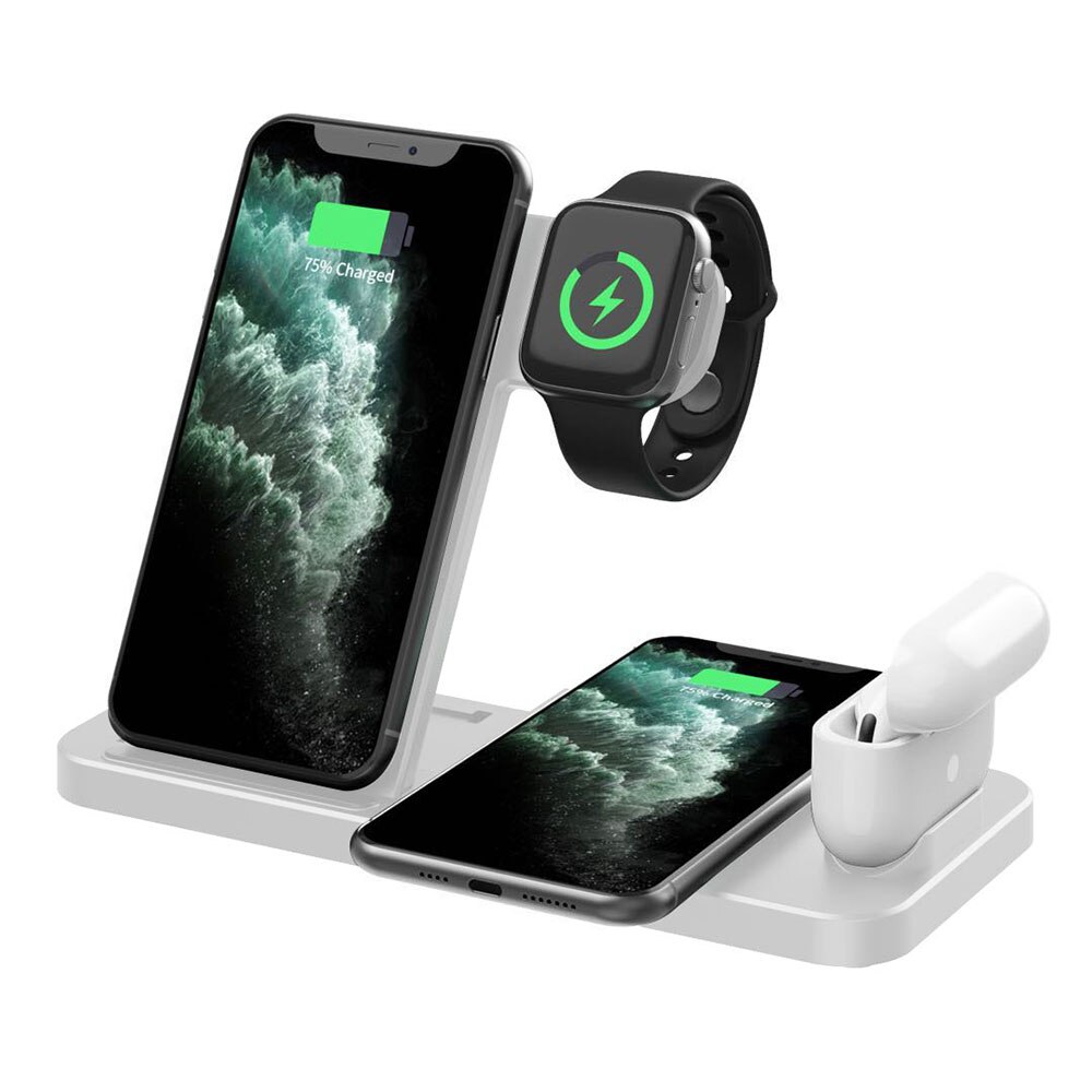 FDGAO 15W 4 in 1 Qi Wireless Charger Stand Fast Charging Dock Pad For iPhone 11 XS XR X 8 Plus Apple Watch 6 5 4 3 2 AirPods Pro: Type 02 White