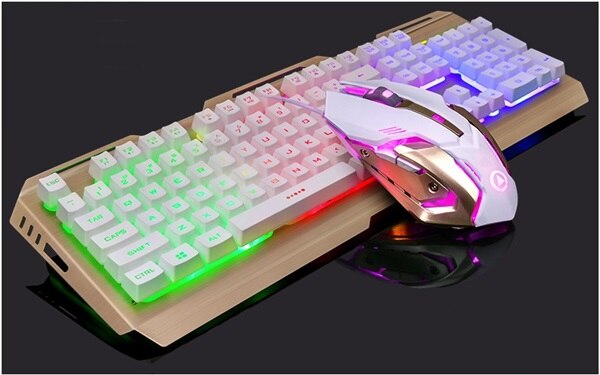 Wrangler V1 Suspended Keycap USB Wired Ergonomic Backlit Gaming Keyboard and Mouse Set ,Mechanical Feel,Aluminium Alloy Panel: White Mixed Light