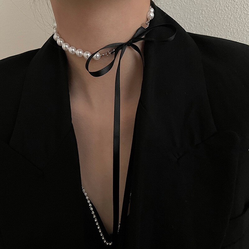 Zwart Fluwelen Lint Choker Vlinderdas Gesimuleerde Parel Kralen Charm Kraag Ketting Gothic Bruiloft Sieraden Jaar