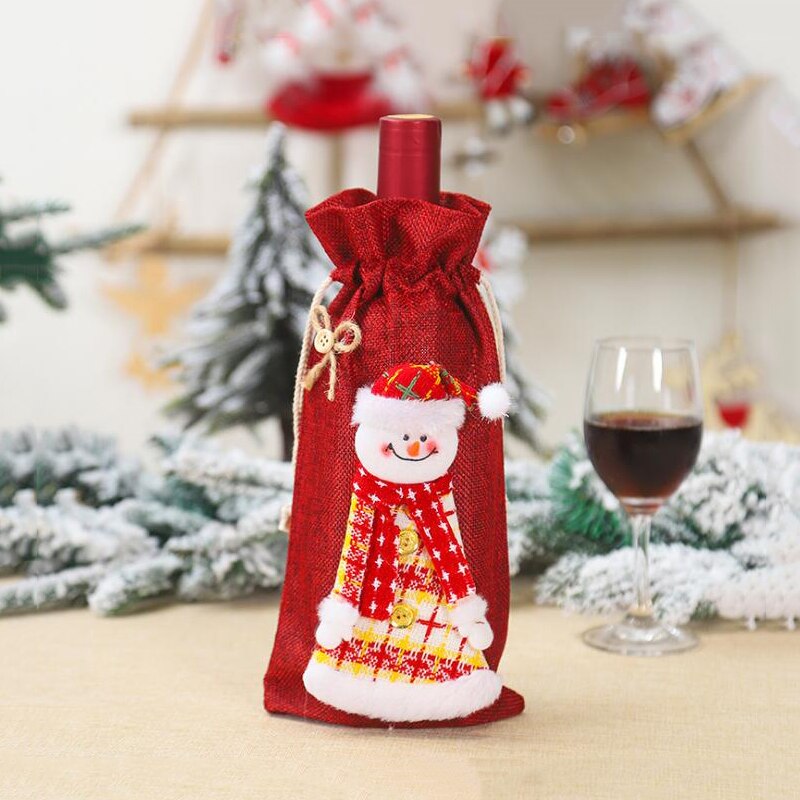 1pc julevinflaskebetræk taske fest hjemmepynt julemand champagneflaske linnedbetræk julebordsindretning: Snemand