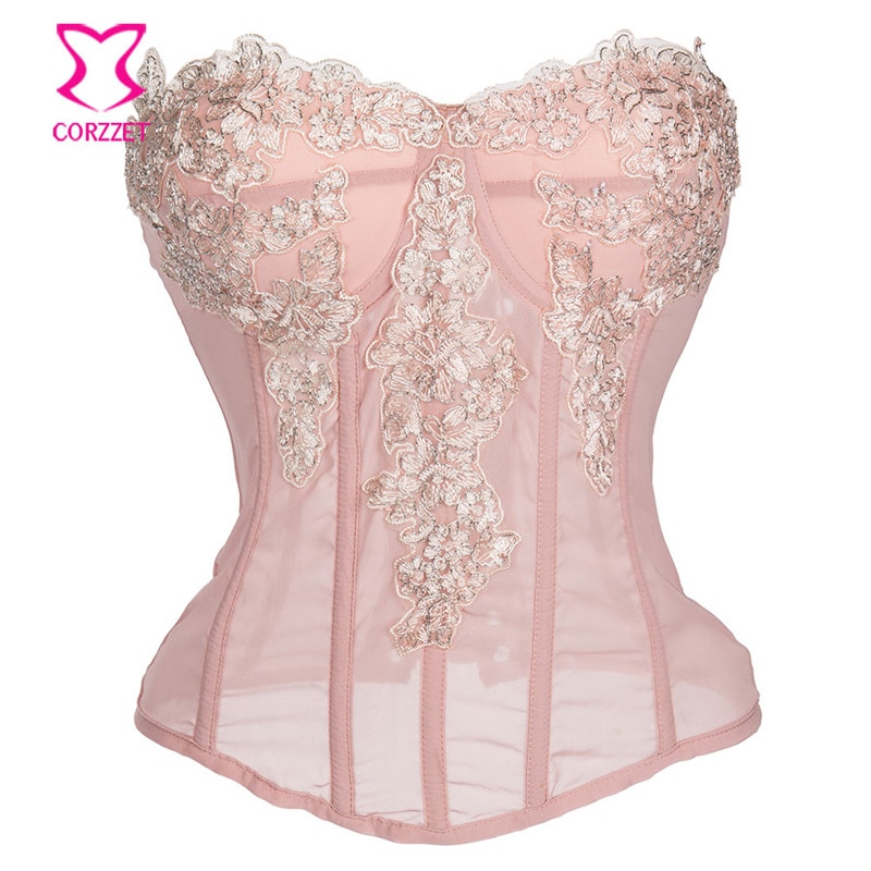 Pink Chiffon Floral Appliques Gothic corset sexy boned waist cincher Bustier Top Corset push up burlesque Corselet korse rosetic