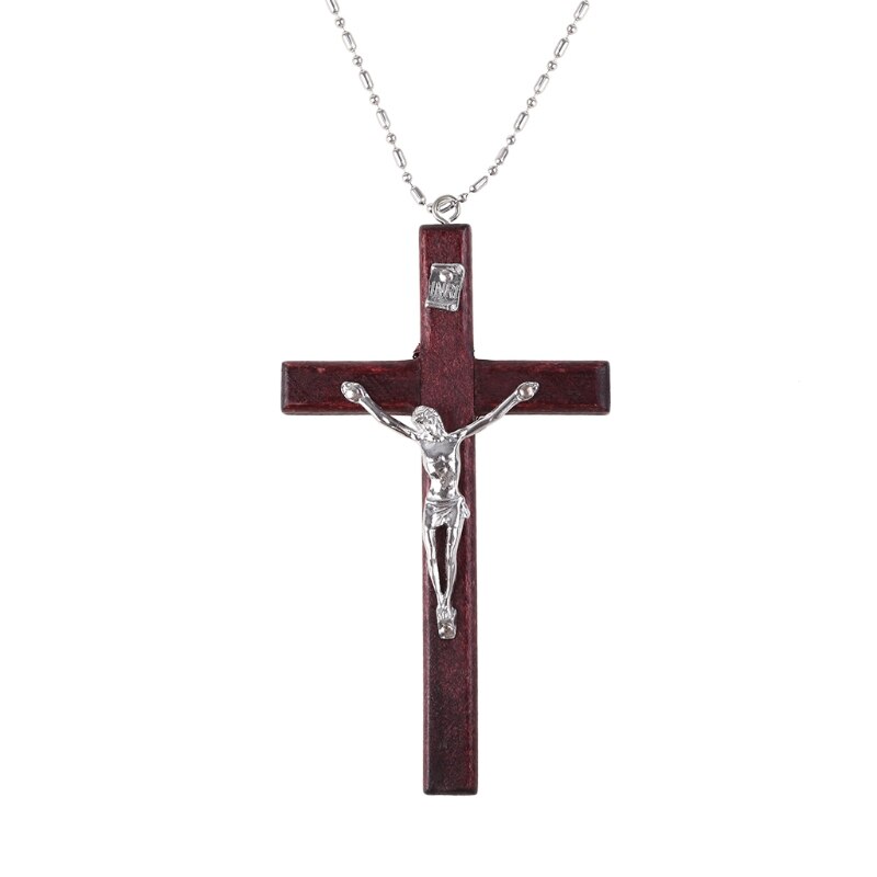 Collar religioso de madera con forma de cruz de Jesús para hombre, Colgante con cadena, joyería,