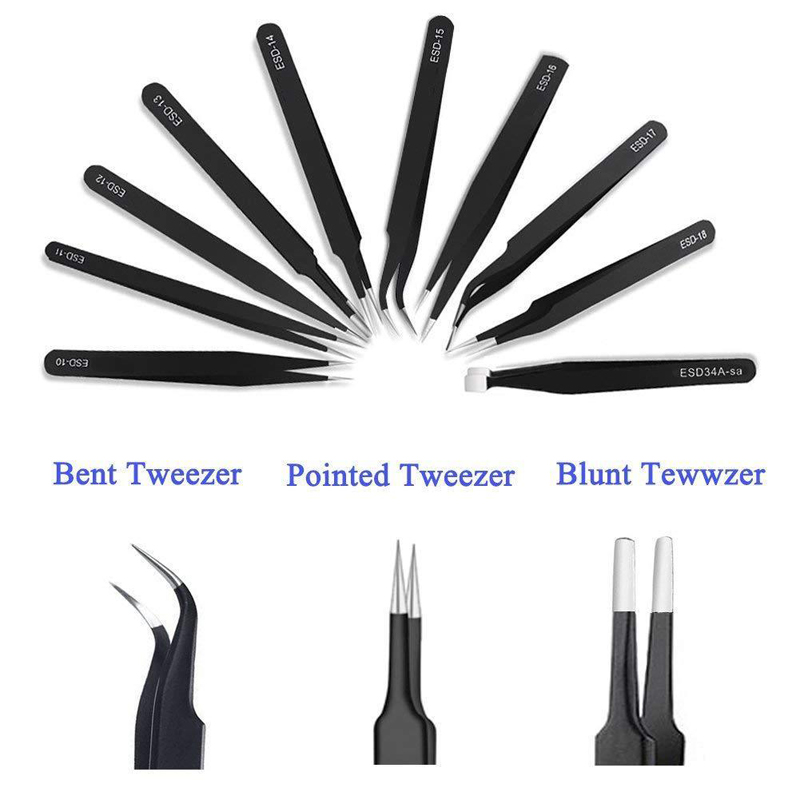 conjunto de pinzas antiestáticas ESD de acero inoxidable, Kit de herramientas de reparación de mantenimiento, herramienta de fabricación de pinzas de punta, 9 unidades