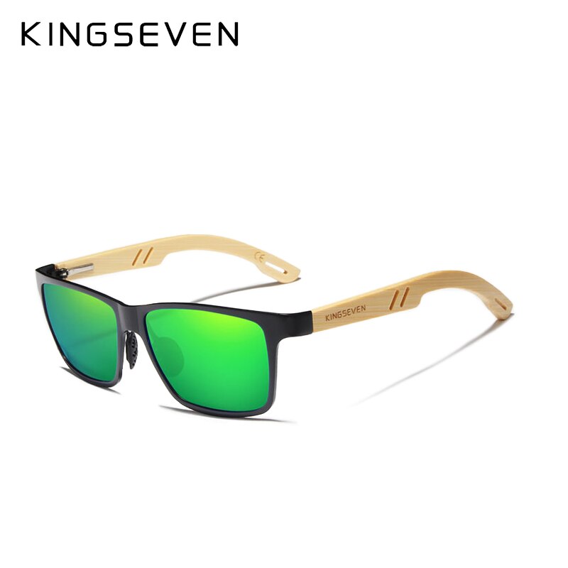 KINGSEVEN Polarized Aluminum+Bamboo Natural Wooden Handmade Sunglasses Men UV400 Eyewear Women Sun Glasses: Mirror Green Bamboo