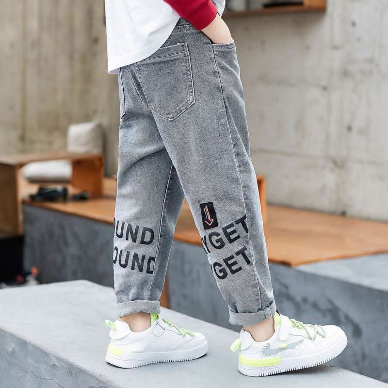 IENENS Boy's Letter Jeans Child Cowboy Trousers Spring Autumn Slim Denim Pants Kids Stretch Jeans 4-11 Years Bottoms Clothes: Style 1-Grey / 7-8T