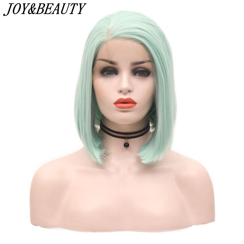 Peluca con malla frontal sintética verde menta JOY & BEAUTY de 12 pulgadas peluca recta corta de fibra resistente al calor para pelucas de mujer